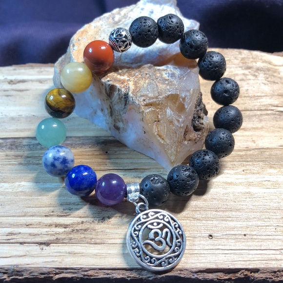 Hand Crafted Jewelry - Hand Crafted Unisex Bohemian Chakra Bracelet with Lava Stone